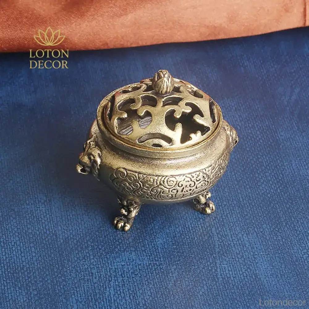 Lion Feet Brass Incense Burner Cone Coil Incense Holder Antique Cauldron Feng Shui Wealth Talisman for Tranquility Prosperity - Loton Decor