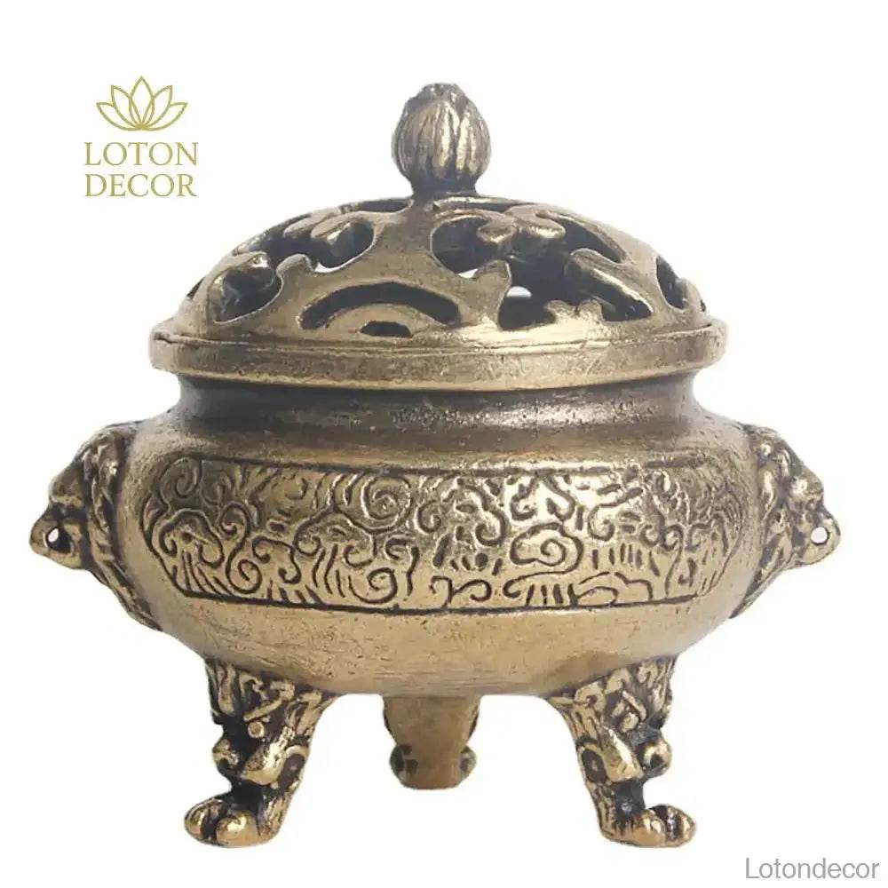 Lion Feet Brass Incense Burner Cone Coil Incense Holder Antique Cauldron Feng Shui Wealth Talisman for Tranquility Prosperity - Loton Decor