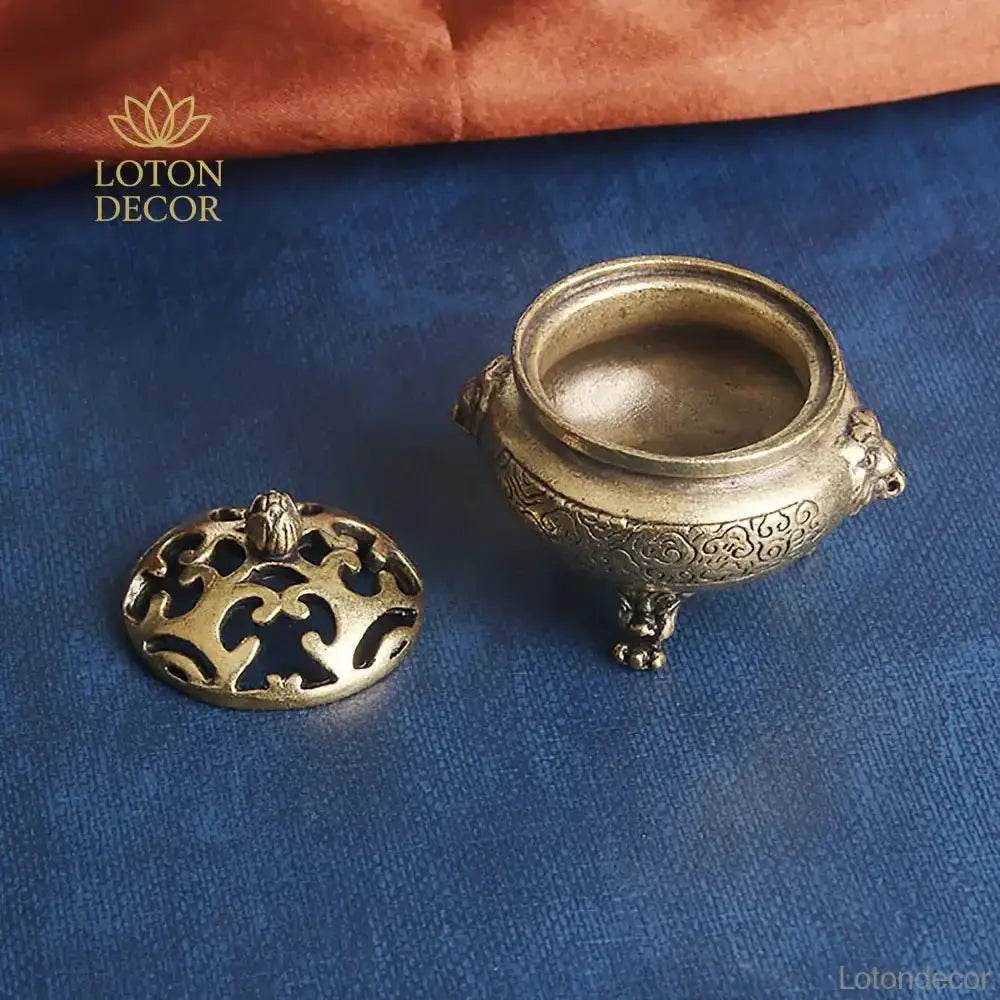 Lion Feet Brass Incense Burner Cone Coil Incense Holder Antique Cauldron Feng Shui Wealth Talisman for Tranquility Prosperity - Loton Decor