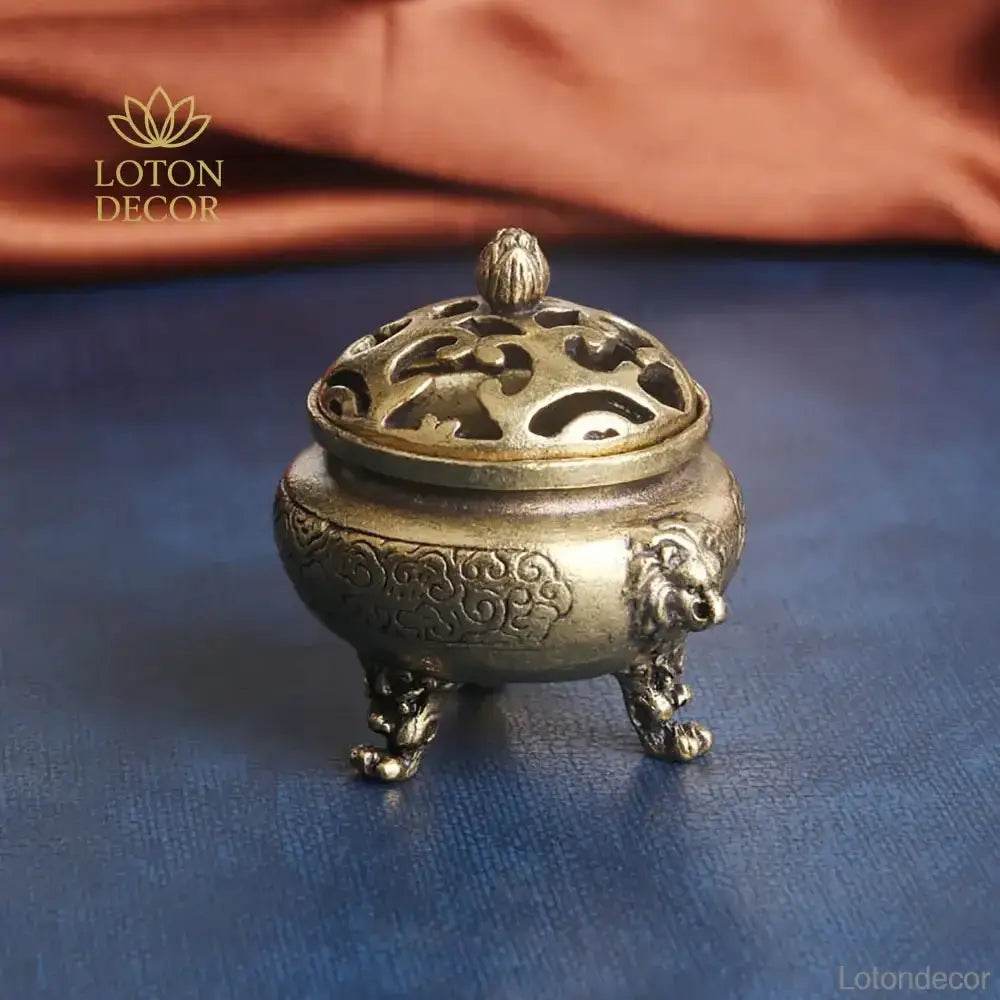 Lion Feet Brass Incense Burner Cone Coil Incense Holder Antique Cauldron Feng Shui Wealth Talisman for Tranquility Prosperity - Loton Decor