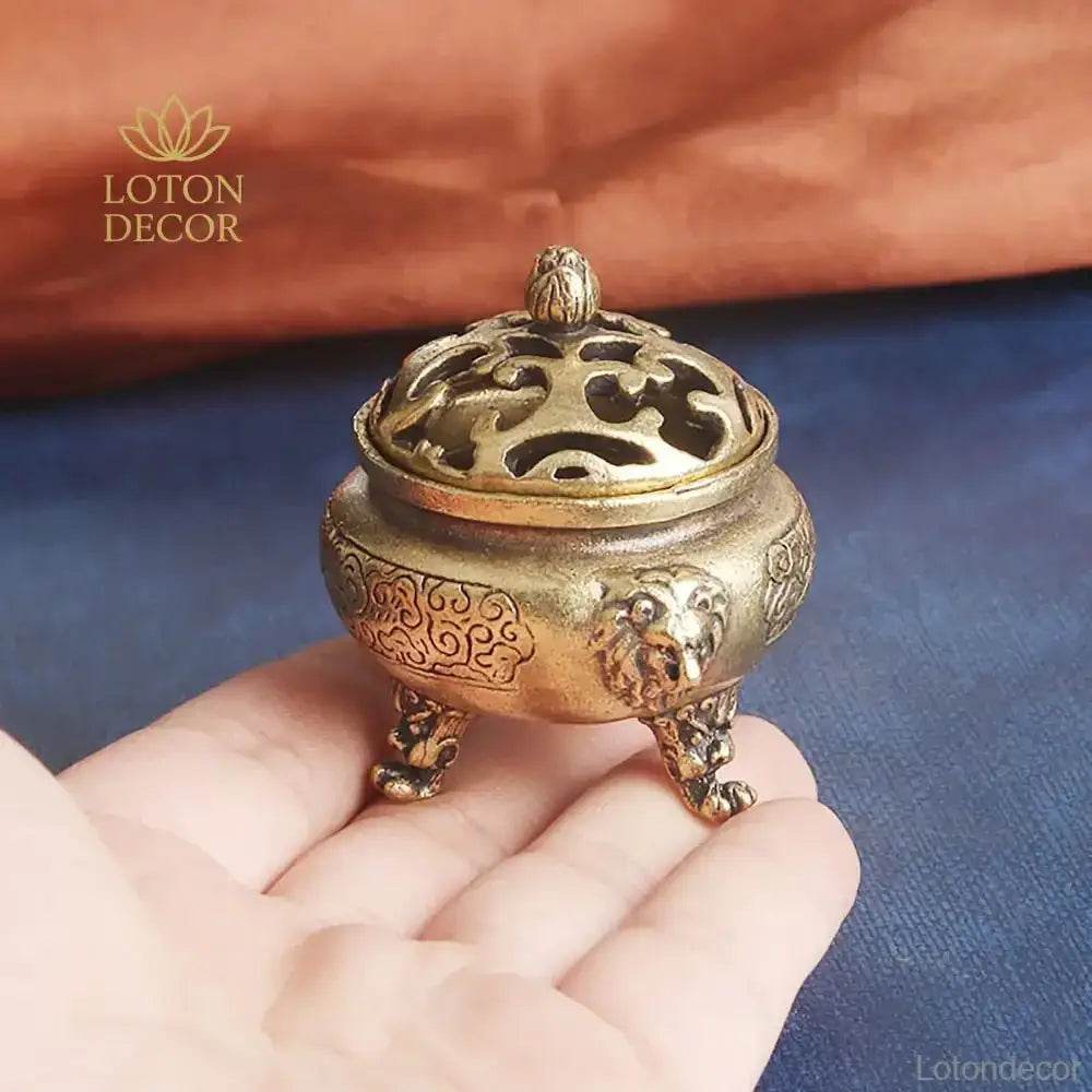 Lion Feet Brass Incense Burner Cone Coil Incense Holder Antique Cauldron Feng Shui Wealth Talisman for Tranquility Prosperity - Loton Decor