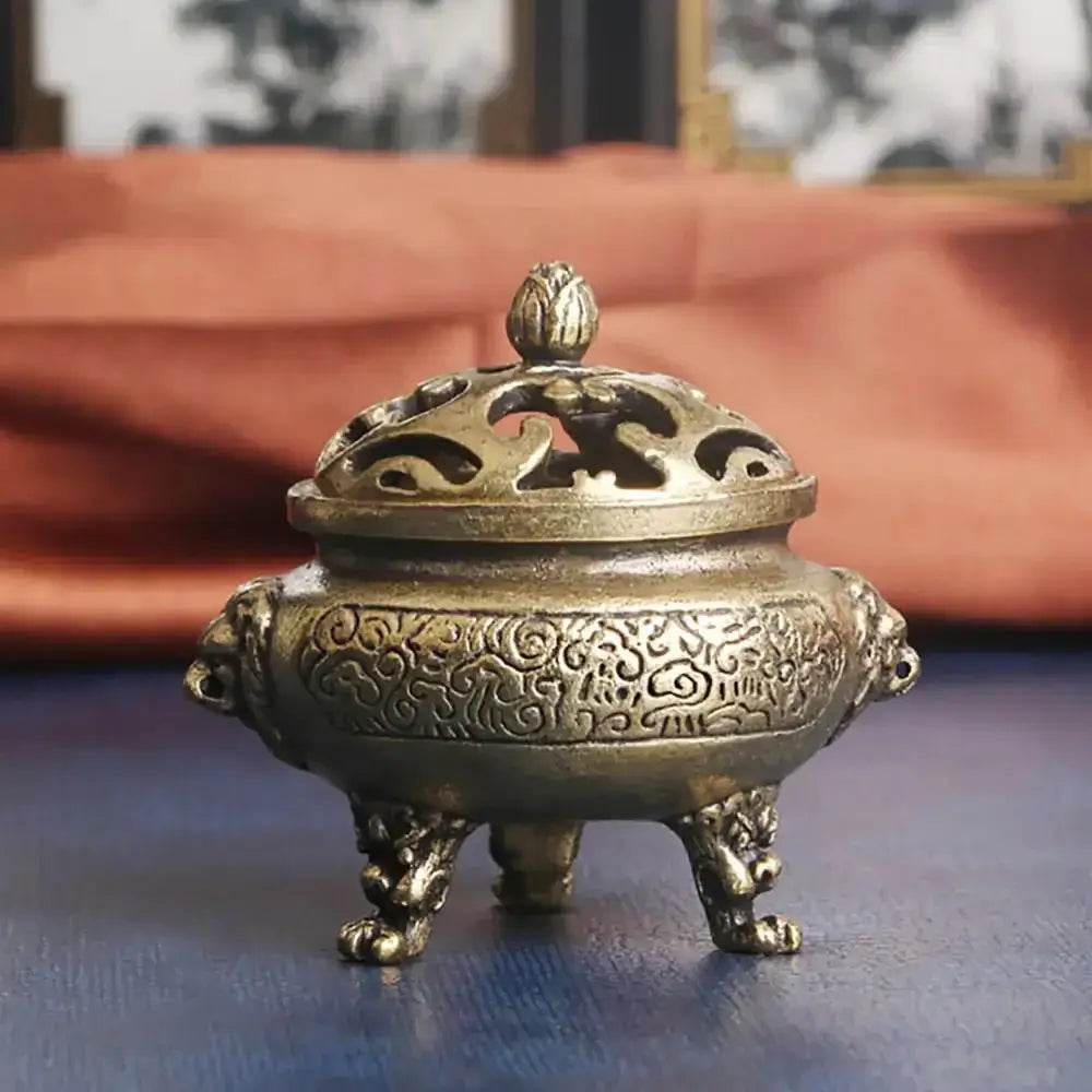 Lion Feet Brass Incense Burner Cone Coil Incense Holder Antique Cauldron Feng Shui Wealth Talisman for Tranquility Prosperity - Loton Decor