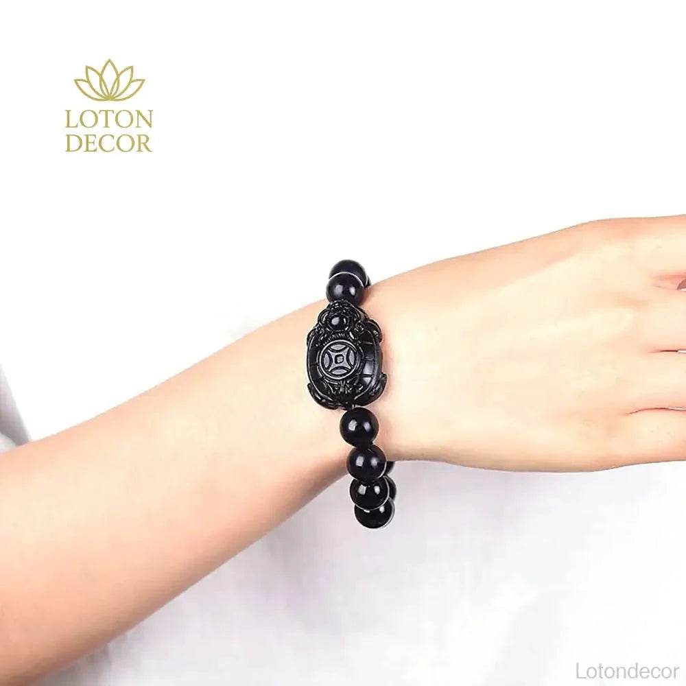 Matte Obsidian Dragon Turtle Bracelet – Lucky Wealth Charm - Loton Decor