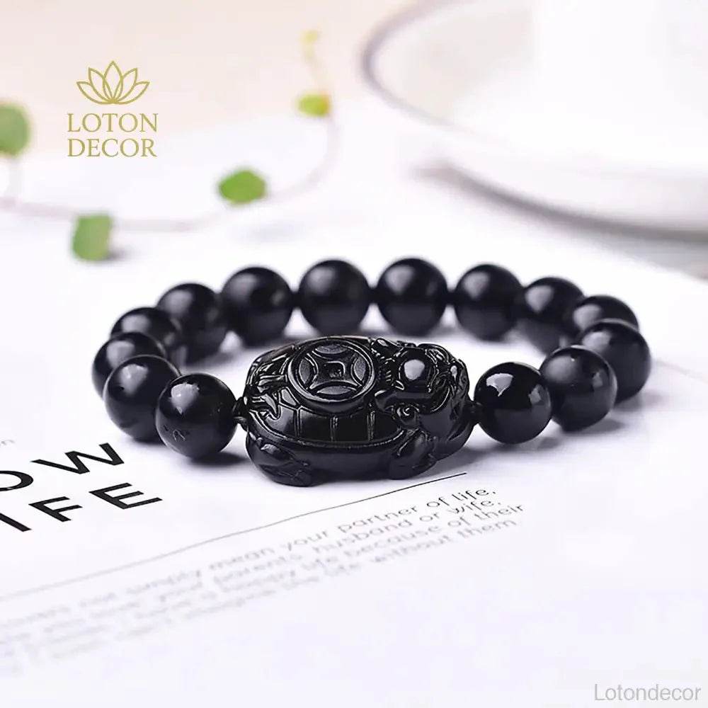 Matte Obsidian Dragon Turtle Bracelet – Lucky Wealth Charm - Loton Decor