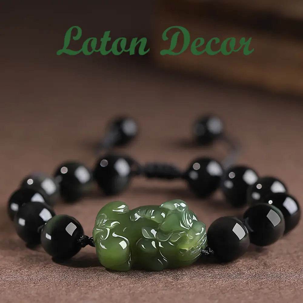 Nephrite Jade Pi Xiu Bracelet Golden Sheen Obsidian Beaded Stretchy Hand-Woven Crystal Bracelet for Money Windfall - Loton Decor