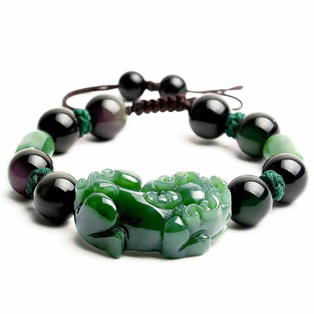 Nephrite Jade Pi Xiu Bracelet Golden Sheen Obsidian Beaded Stretchy Hand-Woven Crystal Bracelet for Money Windfall - Loton Decor