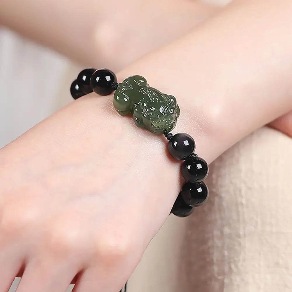 Nephrite Jade Pi Xiu Bracelet Golden Sheen Obsidian Beaded Stretchy Hand-Woven Crystal Bracelet for Money Windfall - Loton Decor