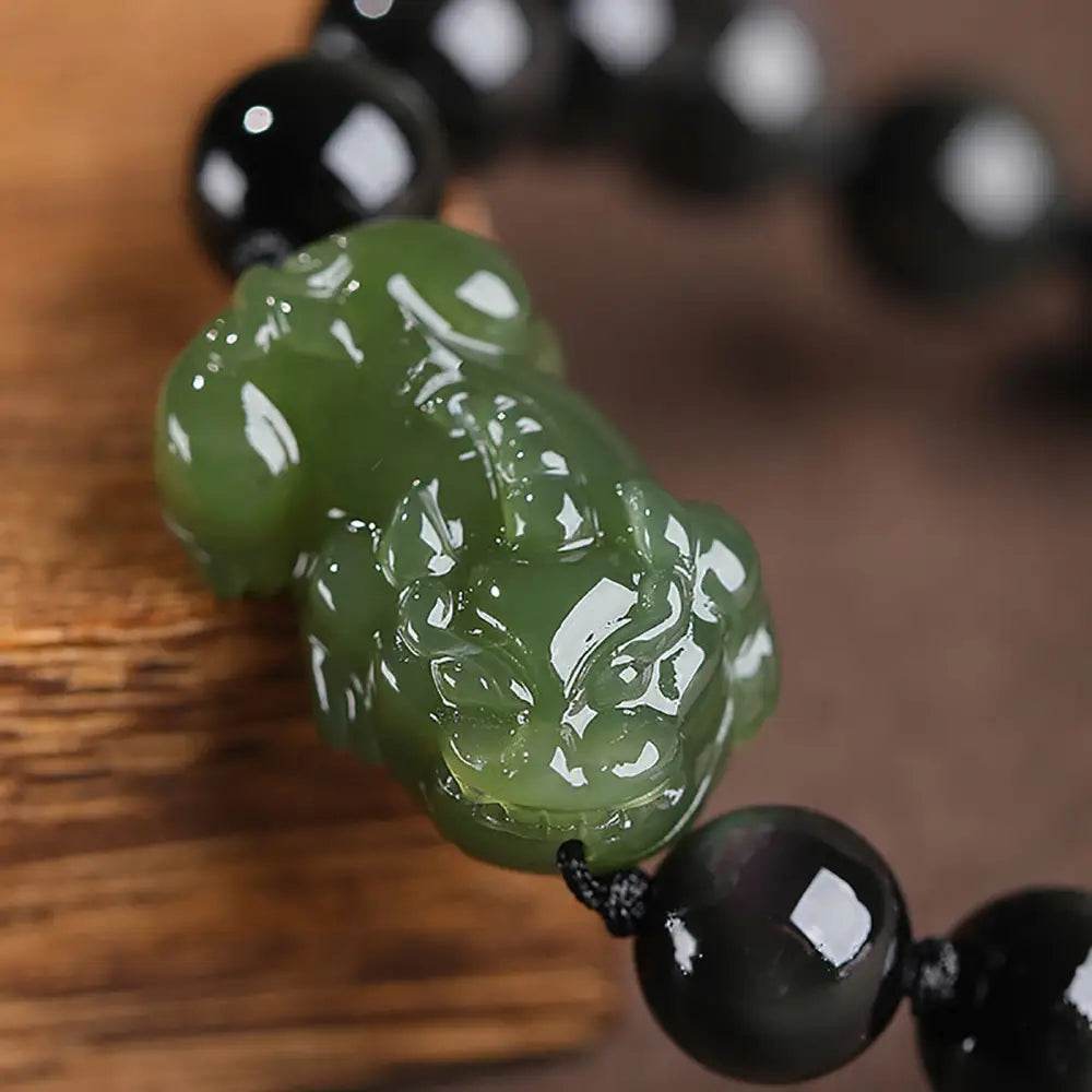Nephrite Jade Pi Xiu Bracelet Golden Sheen Obsidian Beaded Stretchy Hand-Woven Crystal Bracelet for Money Windfall - Loton Decor