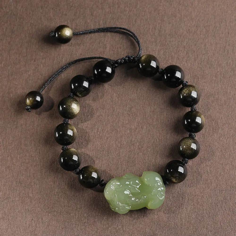 Nephrite Jade Pi Xiu Bracelet Golden Sheen Obsidian Beaded Stretchy Hand-Woven Crystal Bracelet for Money Windfall - Loton Decor