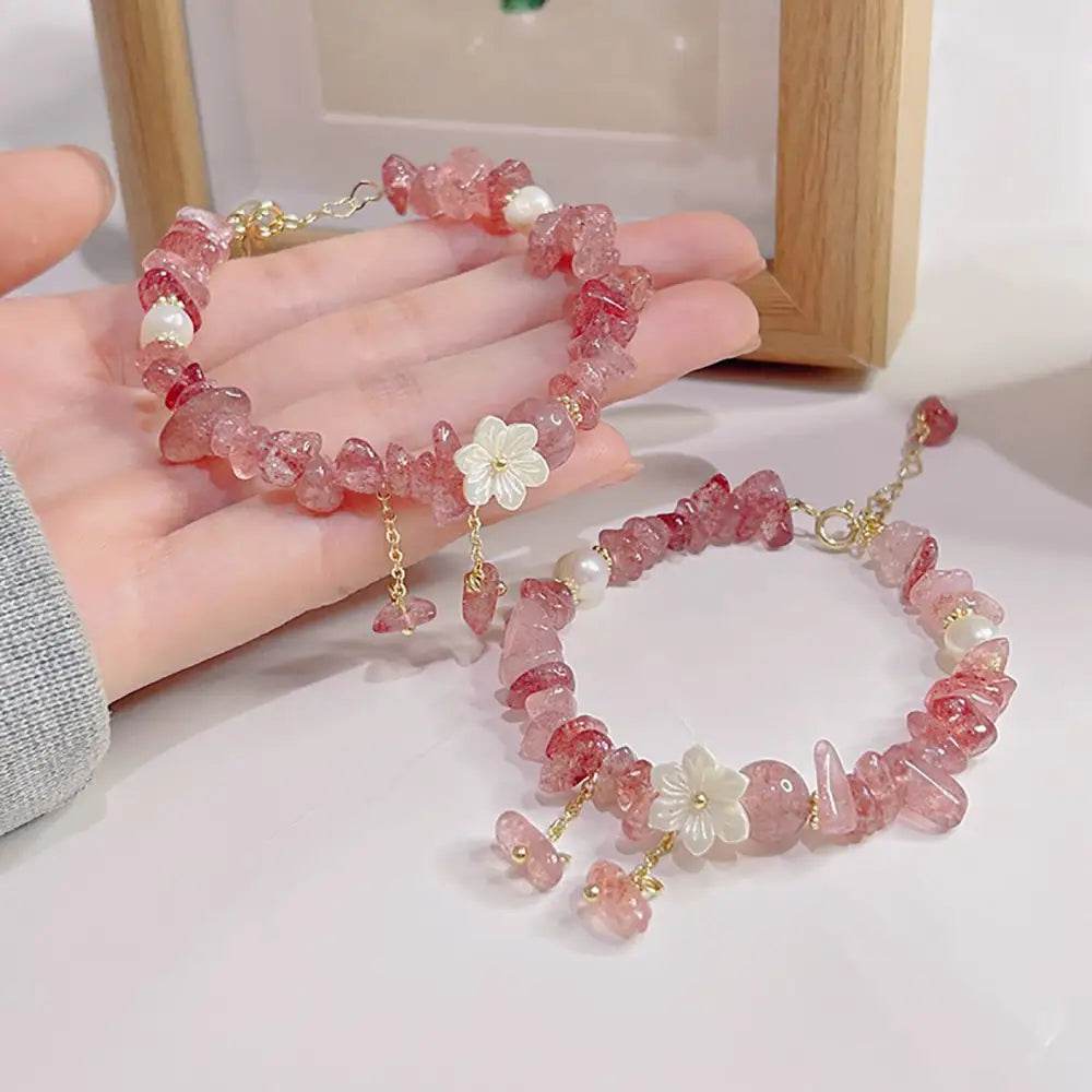 Nugget Crystal Bracelet Feng Shui Wealth Bracelet Strawberry Quartz/Aventurine Shell Flower Pearls - Loton Decor