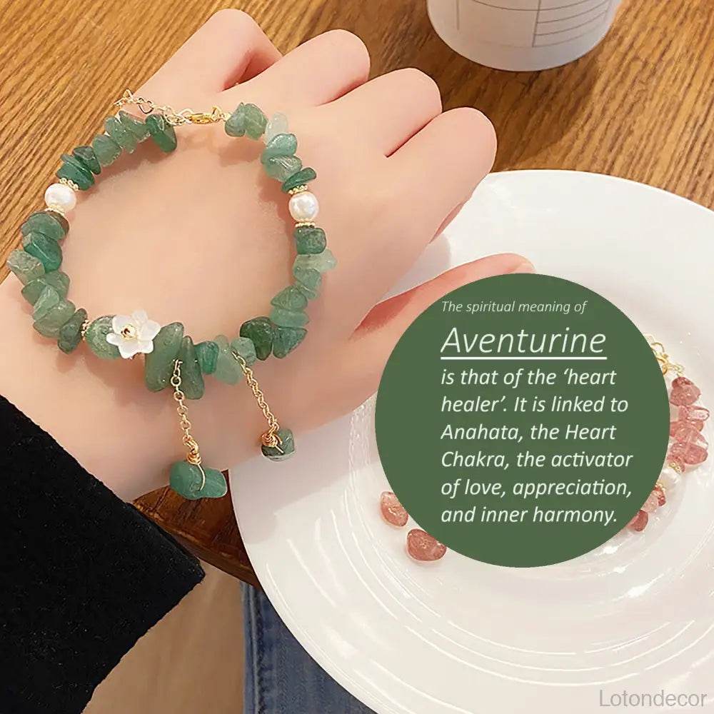 Nugget Crystal Bracelet Feng Shui Wealth Bracelet Strawberry Quartz/Aventurine Shell Flower Pearls - Loton Decor