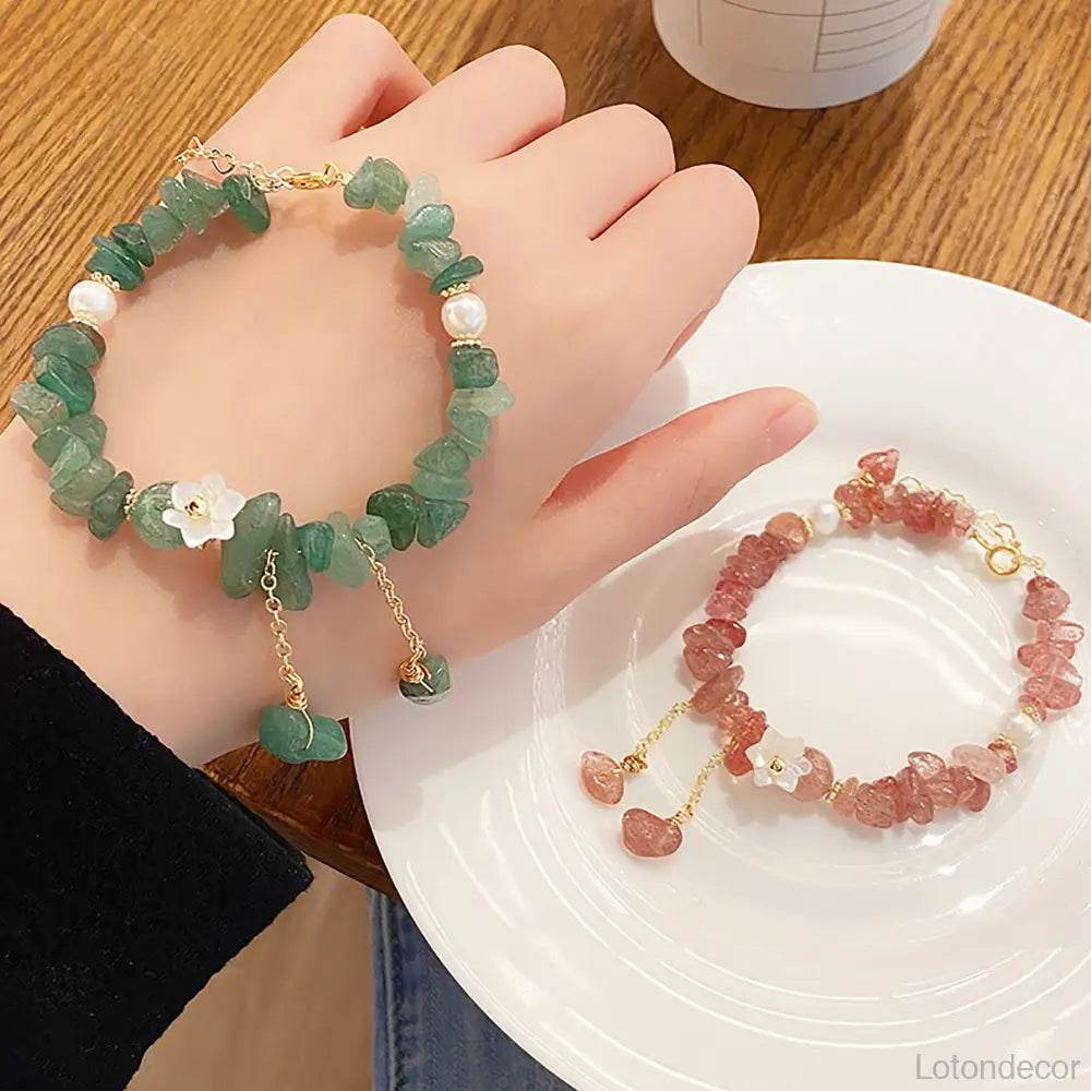 Nugget Crystal Bracelet Feng Shui Wealth Bracelet Strawberry Quartz/Aventurine Shell Flower Pearls - Loton Decor