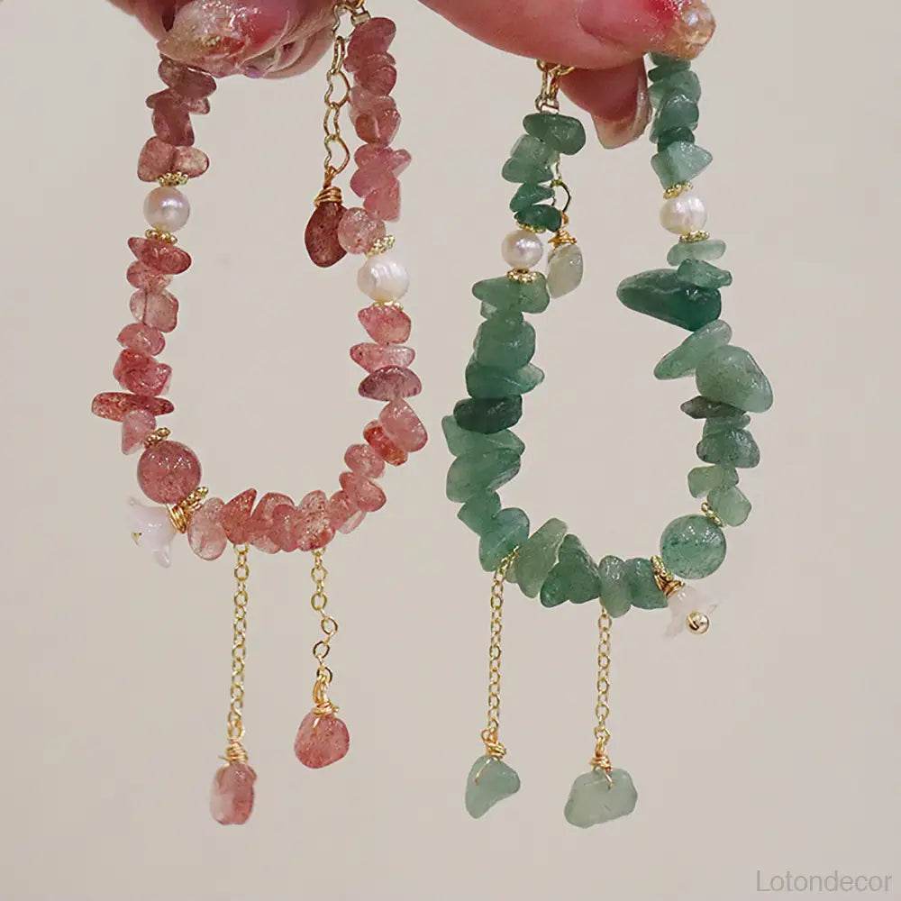 Nugget Crystal Bracelet Feng Shui Wealth Bracelet Strawberry Quartz/Aventurine Shell Flower Pearls - Loton Decor