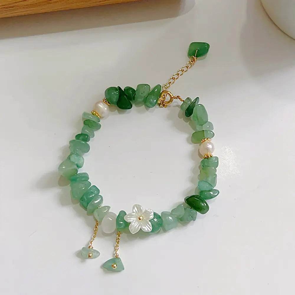 Nugget Crystal Bracelet Feng Shui Wealth Bracelet Strawberry Quartz/Aventurine Shell Flower Pearls - Loton Decor
