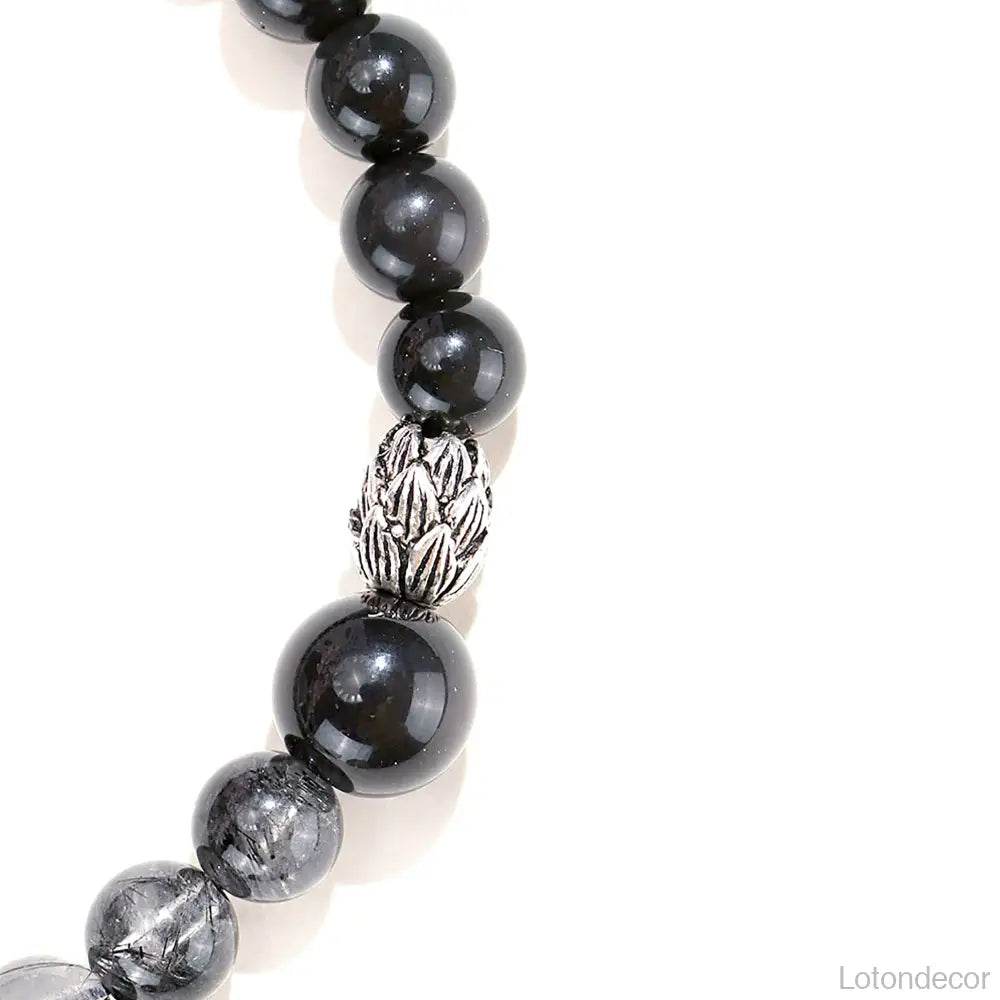 Obsidian Black Rutilated Crystal Bracelet Double Gem Silver Lotus Charm Chakra Balance Meditation Bracelet - Loton Decor