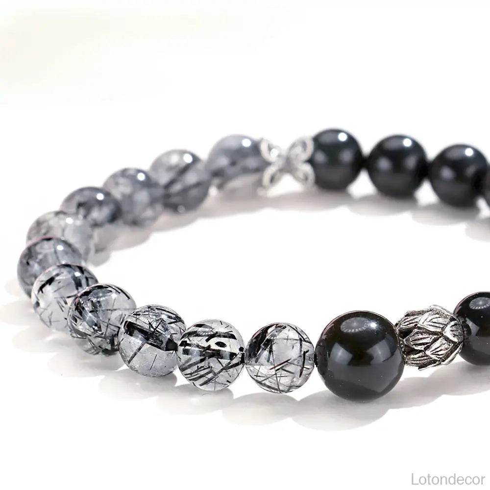 Obsidian Black Rutilated Crystal Bracelet Double Gem Silver Lotus Charm Chakra Balance Meditation Bracelet - Loton Decor