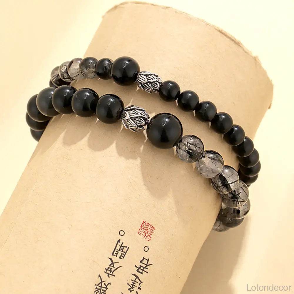 Obsidian Black Rutilated Crystal Bracelet Double Gem Silver Lotus Charm Chakra Balance Meditation Bracelet - Loton Decor