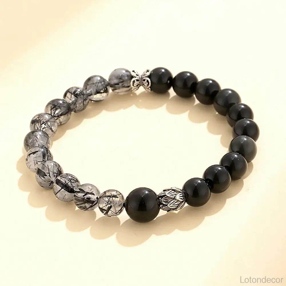 Obsidian Black Rutilated Crystal Bracelet Double Gem Silver Lotus Charm Chakra Balance Meditation Bracelet - Loton Decor