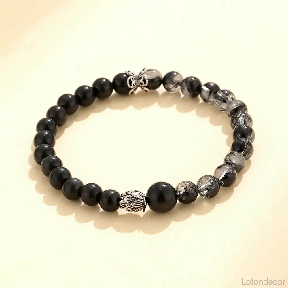 Obsidian Black Rutilated Crystal Bracelet Double Gem Silver Lotus Charm Chakra Balance Meditation Bracelet - Loton Decor