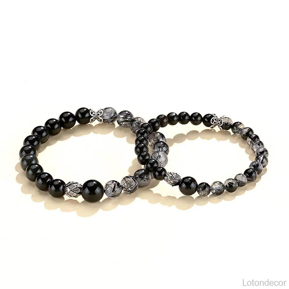 Obsidian Black Rutilated Crystal Bracelet Double Gem Silver Lotus Charm Chakra Balance Meditation Bracelet - Loton Decor