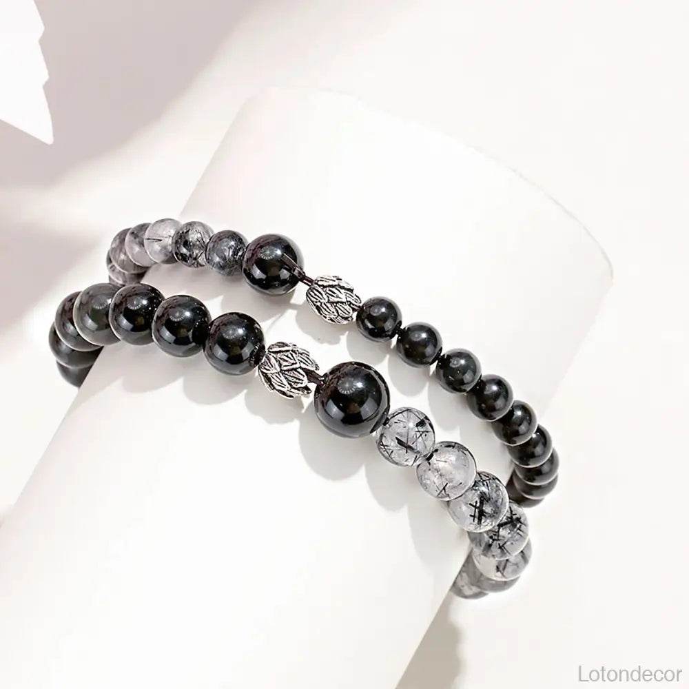 Obsidian Black Rutilated Crystal Bracelet Double Gem Silver Lotus Charm Chakra Balance Meditation Bracelet - Loton Decor