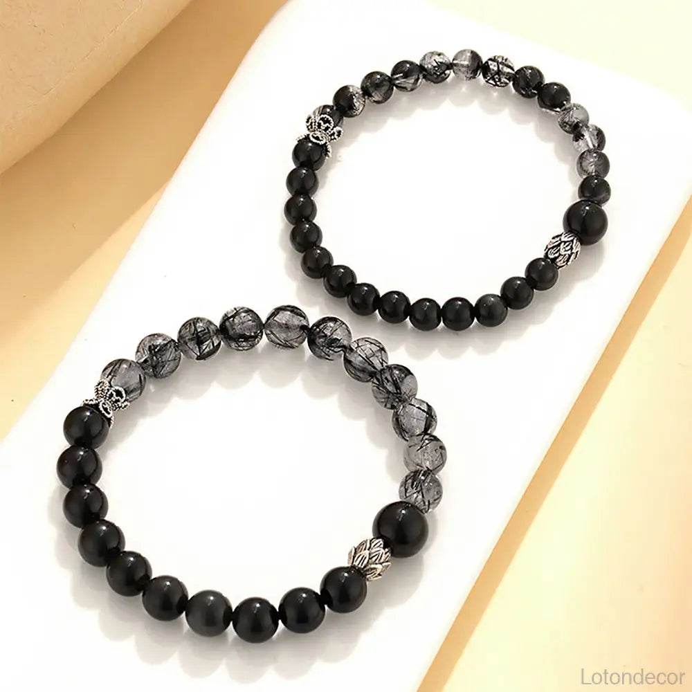 Obsidian Black Rutilated Crystal Bracelet Double Gem Silver Lotus Charm Chakra Balance Meditation Bracelet - Loton Decor