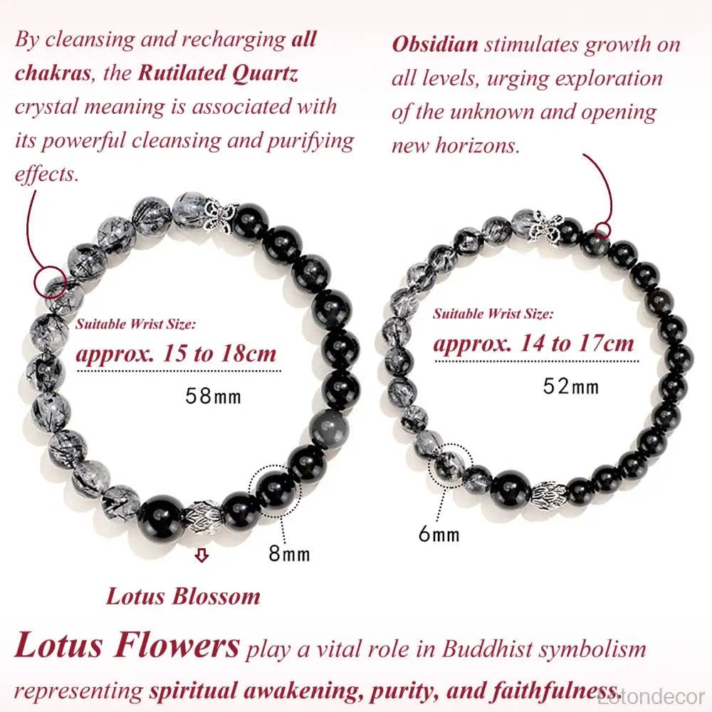Obsidian Black Rutilated Crystal Bracelet Double Gem Silver Lotus Charm Chakra Balance Meditation Bracelet - Loton Decor