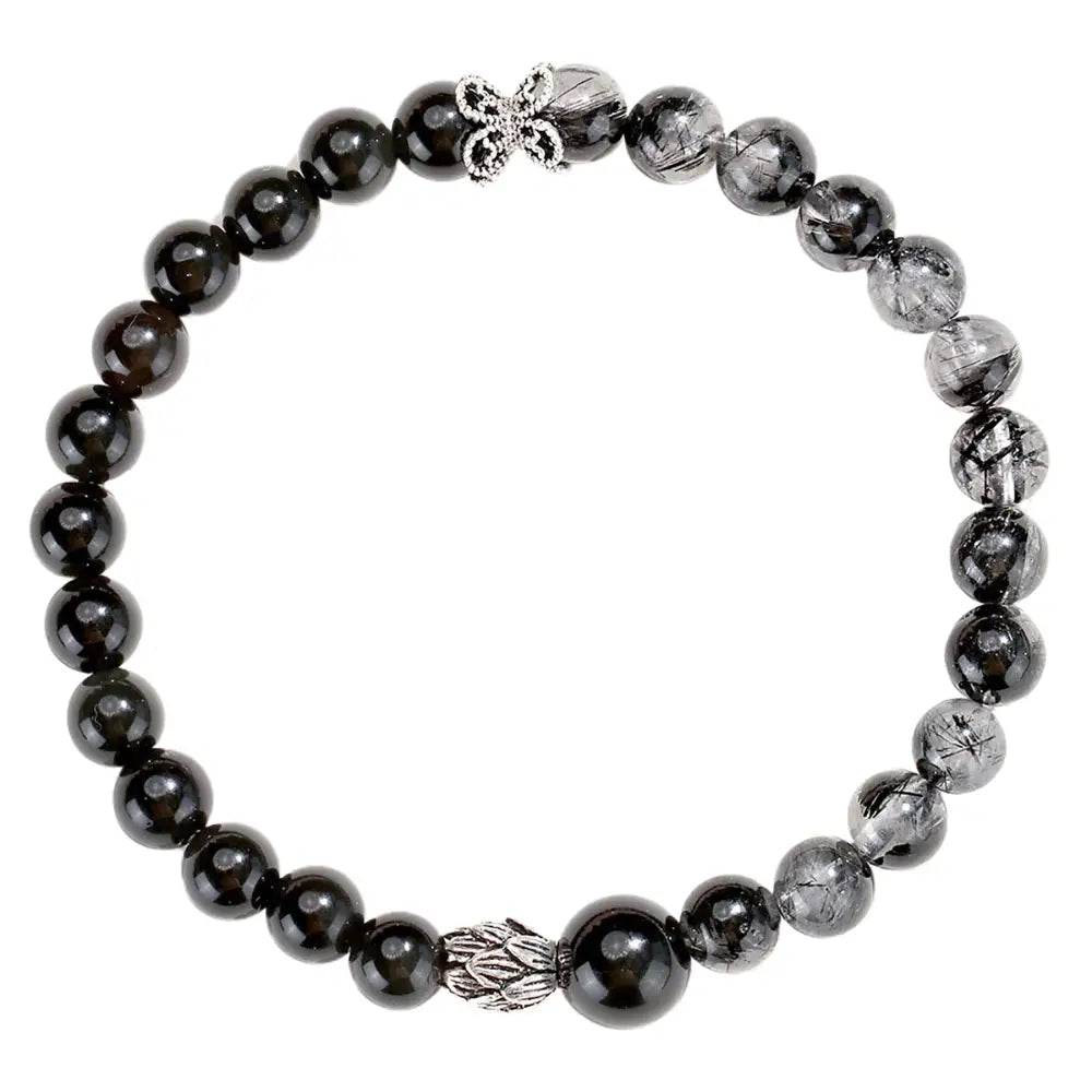 Obsidian Black Rutilated Crystal Bracelet Double Gem Silver Lotus Charm Chakra Balance Meditation Bracelet - Loton Decor