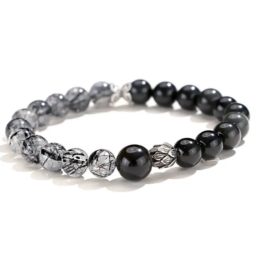 Obsidian Black Rutilated Crystal Bracelet Double Gem Silver Lotus Charm Chakra Balance Meditation Bracelet - Loton Decor
