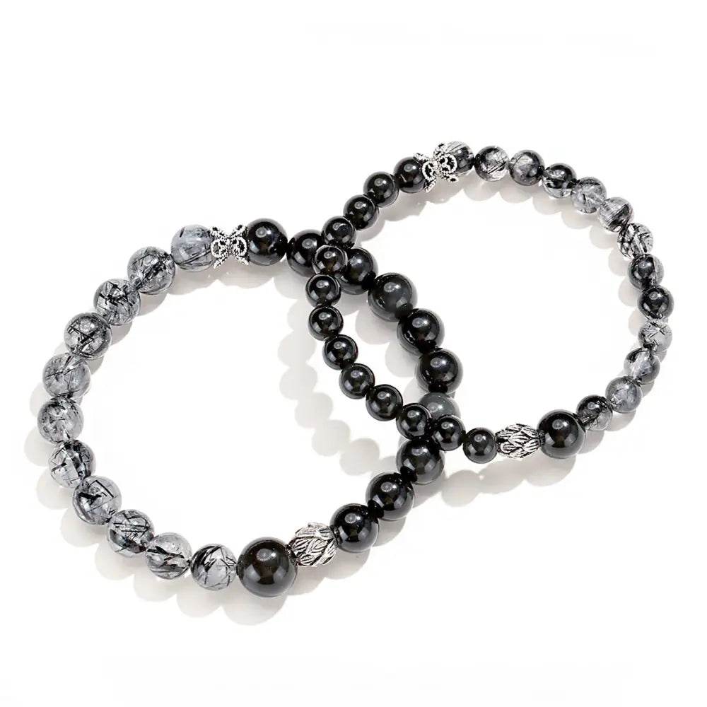 Obsidian Black Rutilated Crystal Bracelet Double Gem Silver Lotus Charm Chakra Balance Meditation Bracelet - Loton Decor