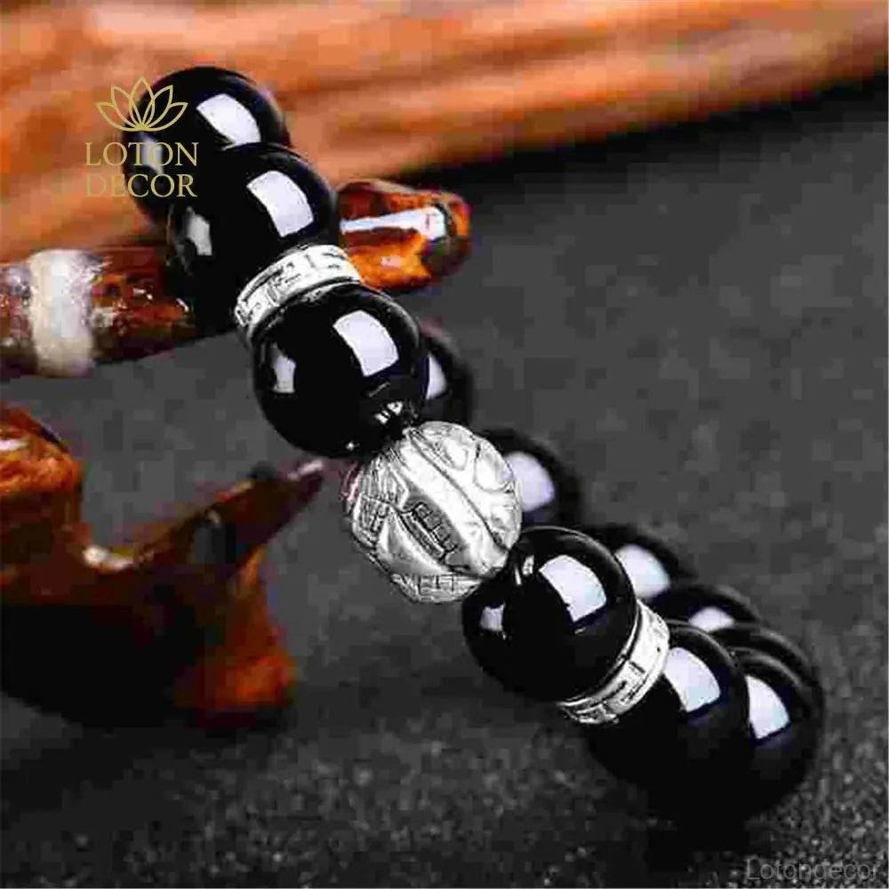 Obsidian Buddha Bracelet – Tibetan Pi Yao Wealth Amulet - Loton Decor