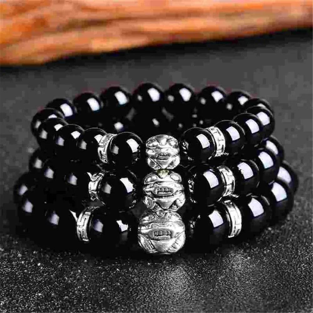 Obsidian Buddha Bracelet – Tibetan Pi Yao Wealth Amulet - Loton Decor