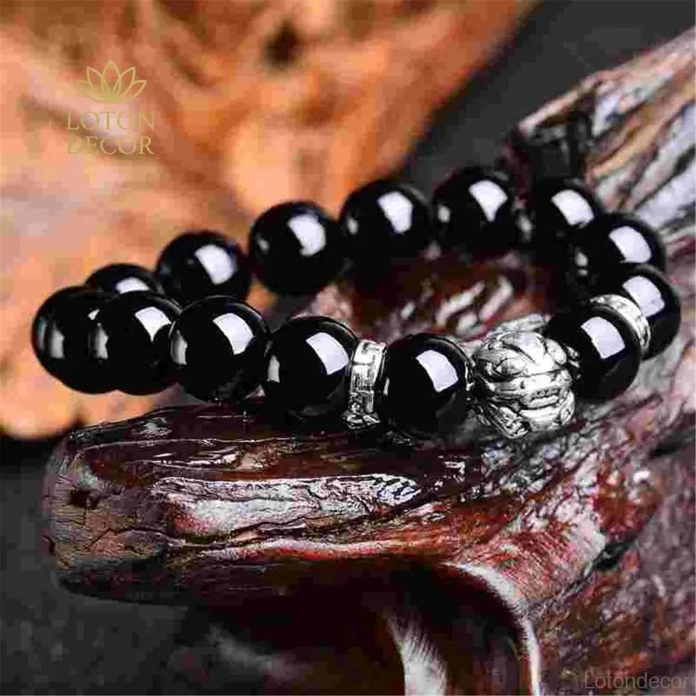 Obsidian Buddha Bracelet – Tibetan Pi Yao Wealth Amulet - Loton Decor