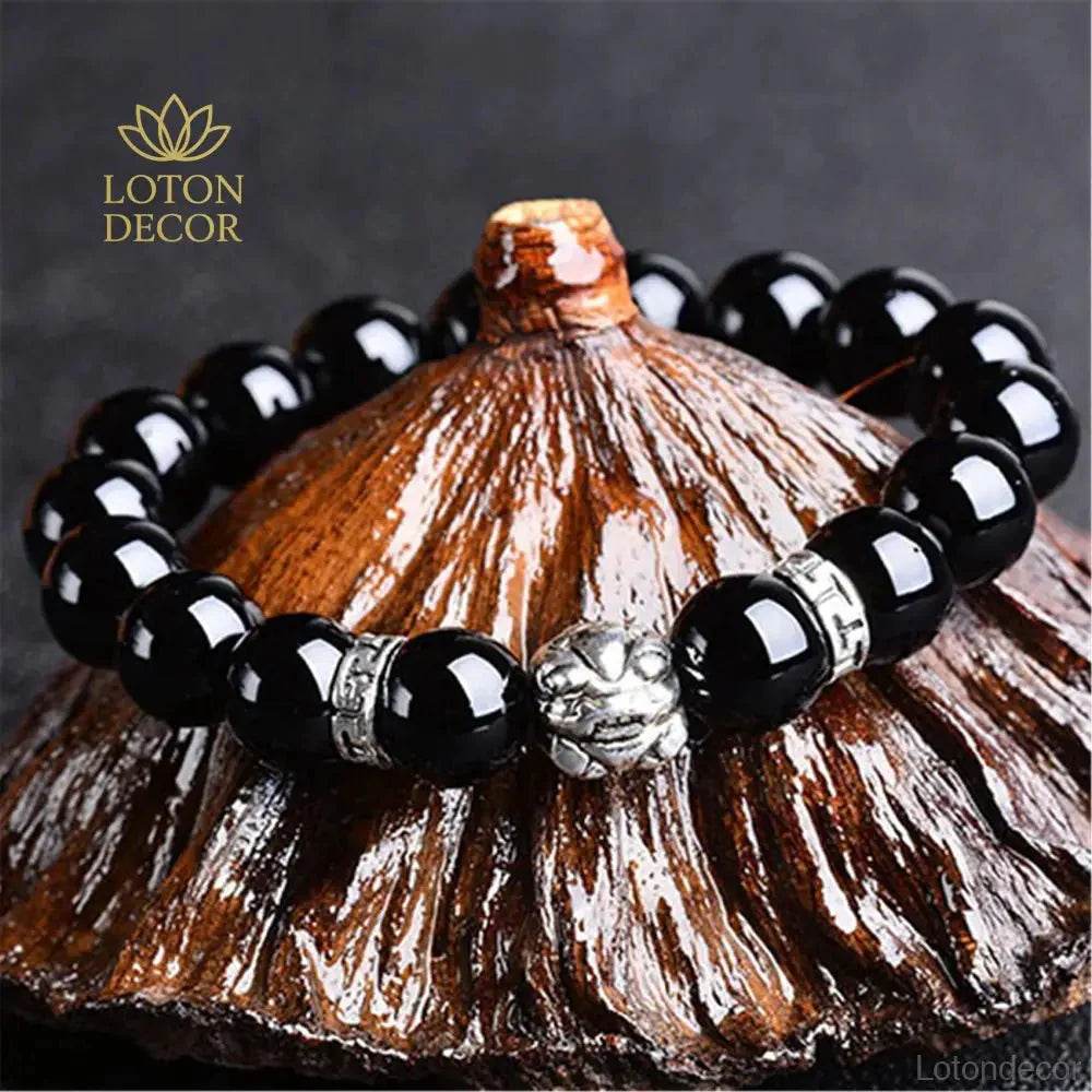 Obsidian Buddha Bracelet – Tibetan Pi Yao Wealth Amulet - Loton Decor