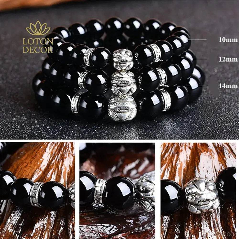 Obsidian Buddha Bracelet – Tibetan Pi Yao Wealth Amulet - Loton Decor