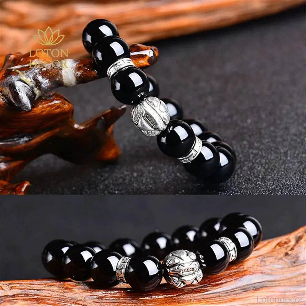 Obsidian Buddha Bracelet – Tibetan Pi Yao Wealth Amulet - Loton Decor