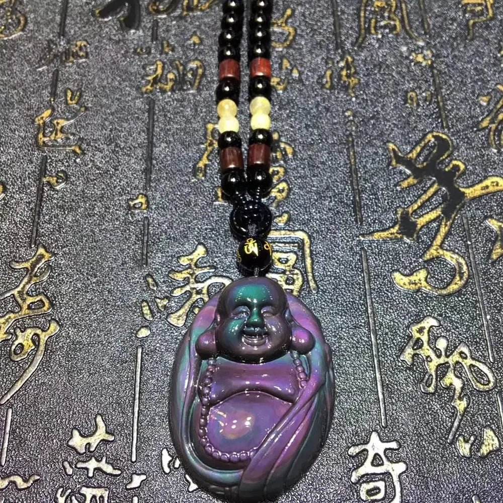 Obsidian Buddha Pendant Necklace – Feng Shui Wealth Amulet - Loton Decor