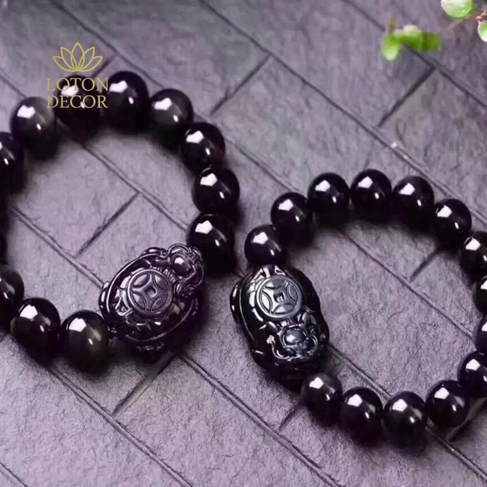 Obsidian Dragon Turtle Bracelet – Feng Shui Wealth Talisman for Couples - Loton Decor