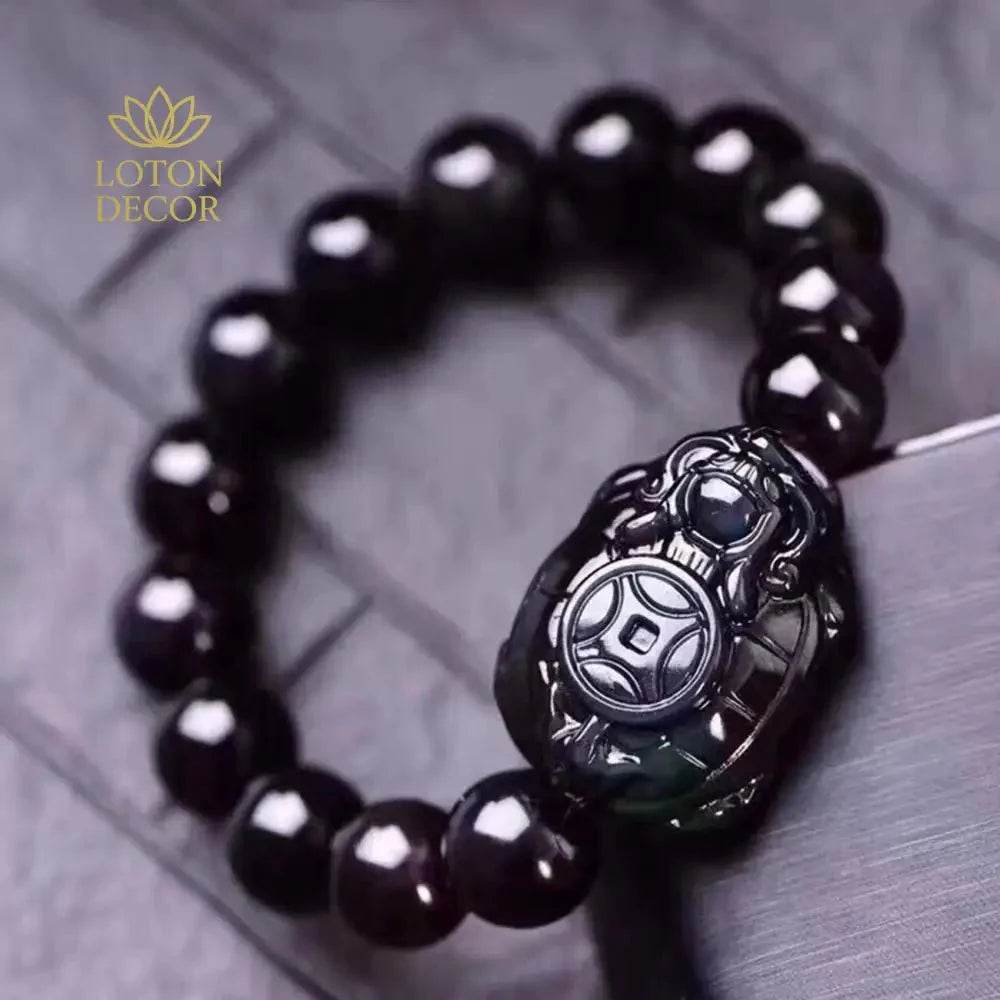 Obsidian Dragon Turtle Bracelet – Feng Shui Wealth Talisman for Couples - Loton Decor