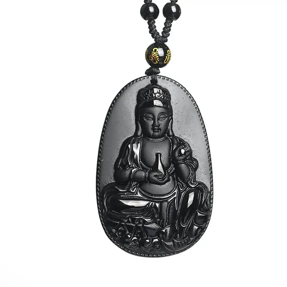 Obsidian Guanyin Pendant – Spiritual Wealth Necklace - Loton Decor
