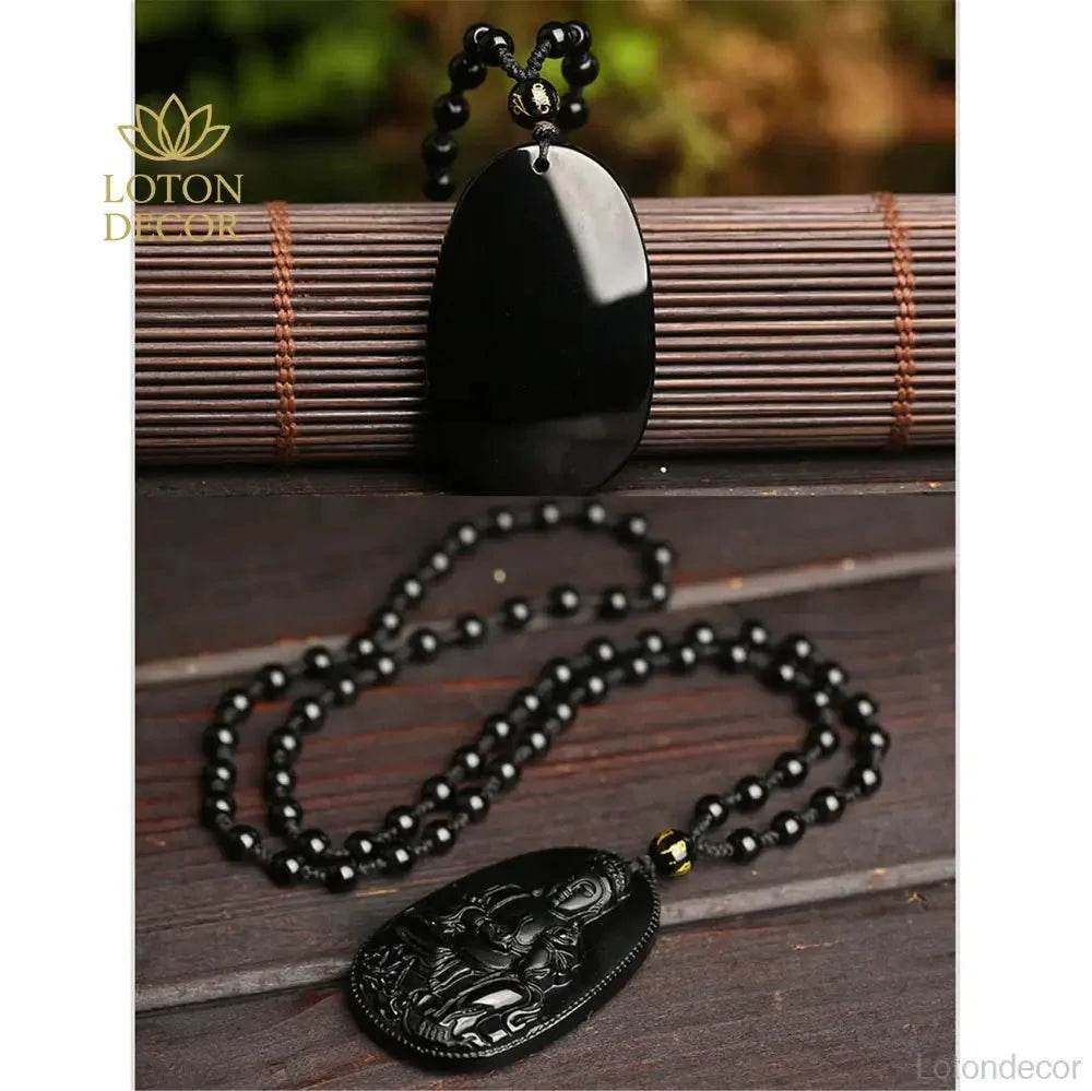 Obsidian Guanyin Pendant – Spiritual Wealth Necklace - Loton Decor