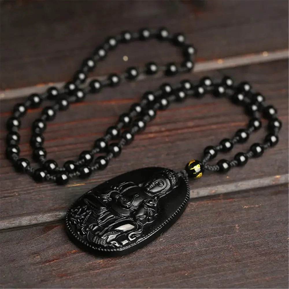 Obsidian Guanyin Pendant – Spiritual Wealth Necklace - Loton Decor