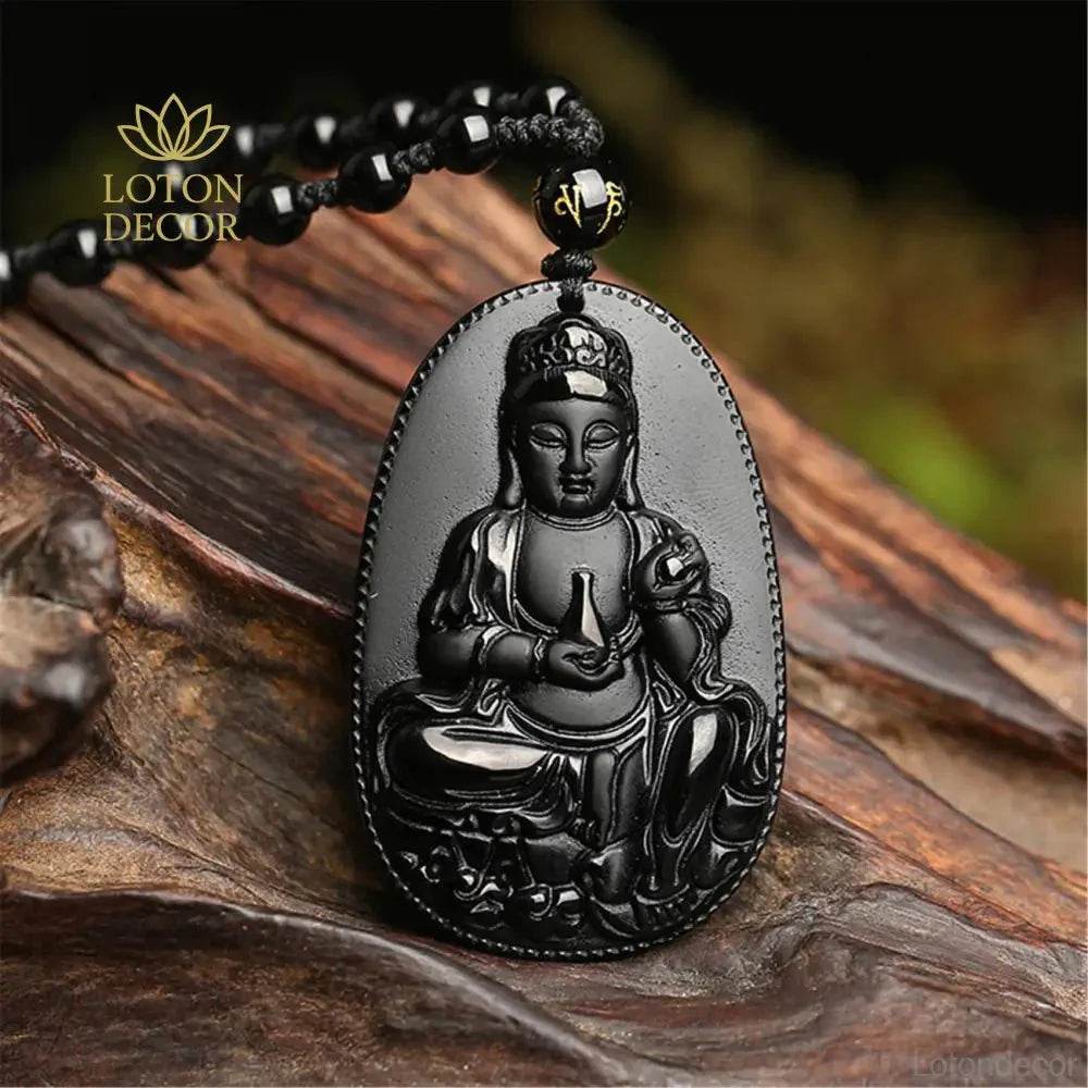 Obsidian Guanyin Pendant – Spiritual Wealth Necklace - Loton Decor