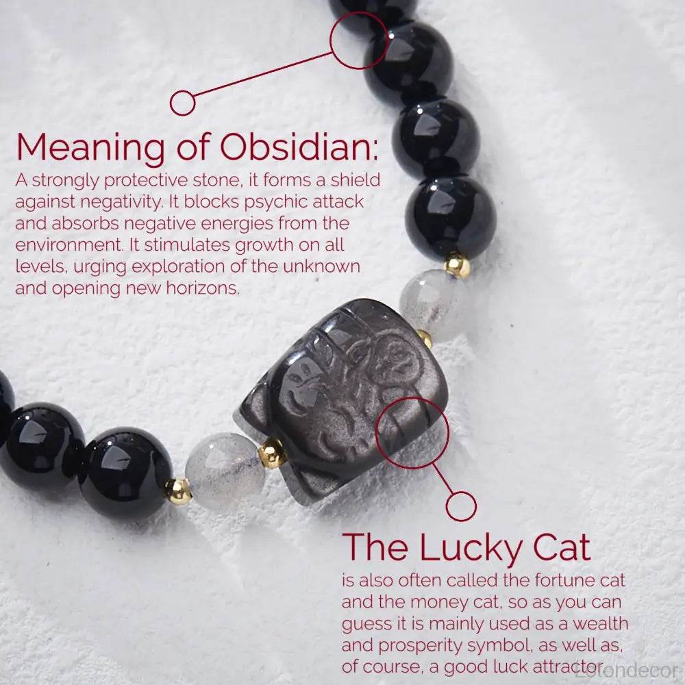 Obsidian Lucky Cat Bracelet Silver Sheen Obsidian Maneki Neko Feng Shui Crystal Amulet for Money Wealth - Loton Decor