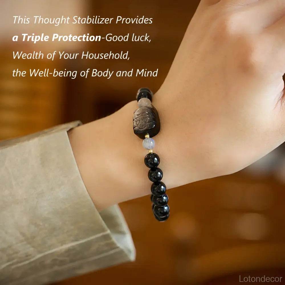 Obsidian Lucky Cat Bracelet Silver Sheen Obsidian Maneki Neko Feng Shui Crystal Amulet for Money Wealth - Loton Decor