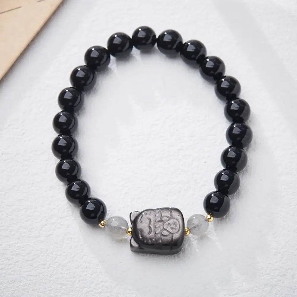 Obsidian Lucky Cat Bracelet Silver Sheen Obsidian Maneki Neko Feng Shui Crystal Amulet for Money Wealth - Loton Decor
