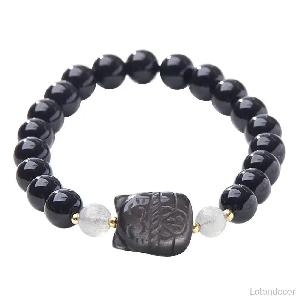 Obsidian Lucky Cat Bracelet Silver Sheen Obsidian Maneki Neko Feng Shui Crystal Amulet for Money Wealth - Loton Decor