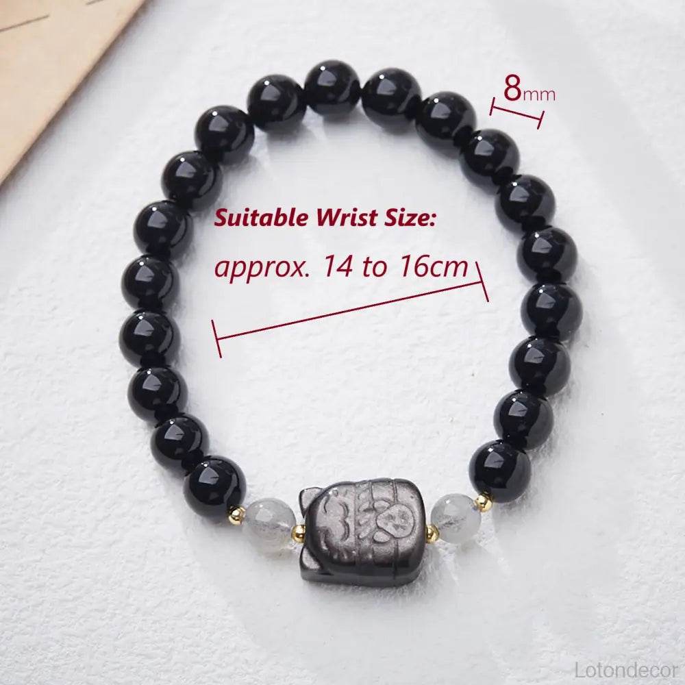 Obsidian Lucky Cat Bracelet Silver Sheen Obsidian Maneki Neko Feng Shui Crystal Amulet for Money Wealth - Loton Decor