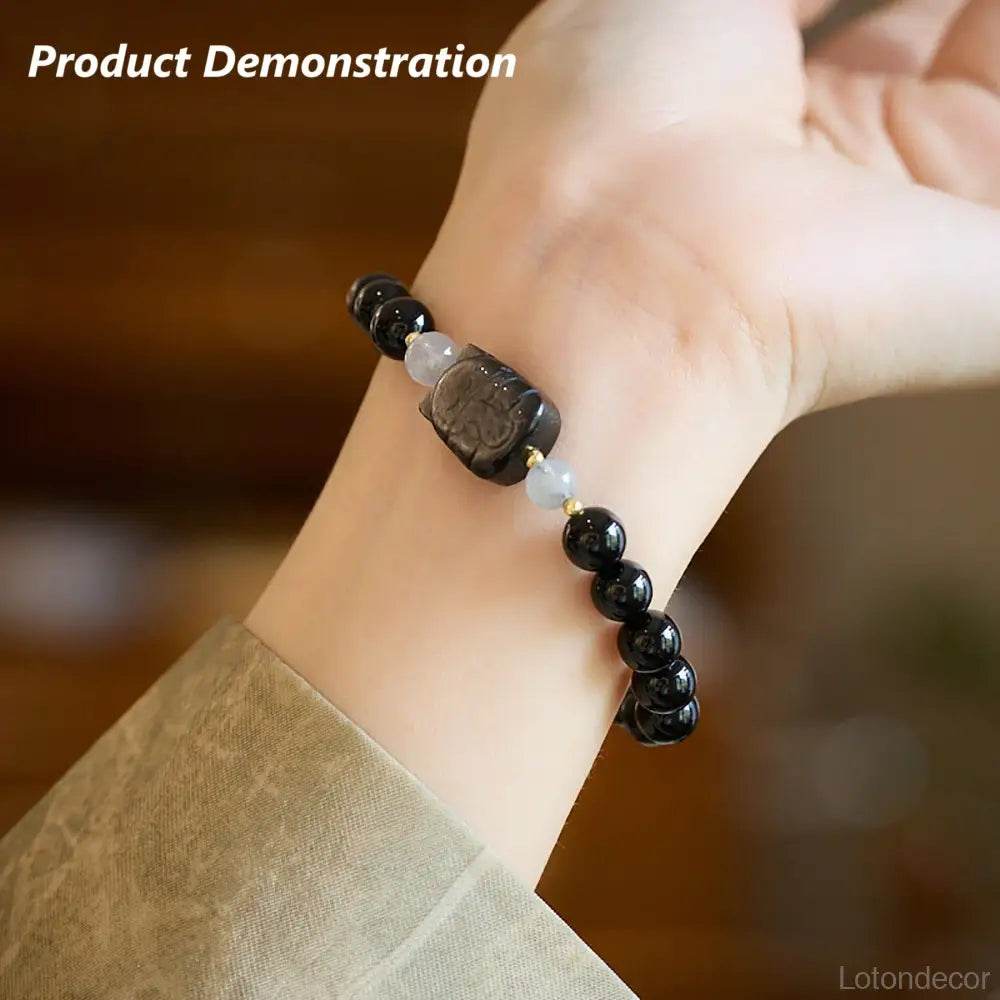 Obsidian Lucky Cat Bracelet Silver Sheen Obsidian Maneki Neko Feng Shui Crystal Amulet for Money Wealth - Loton Decor
