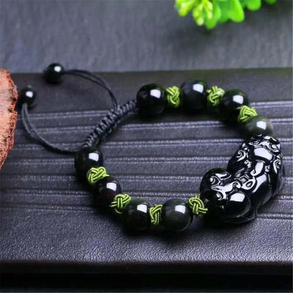 Obsidian Pixiu Bracelet – Braided Wealth Amulet - Loton Decor